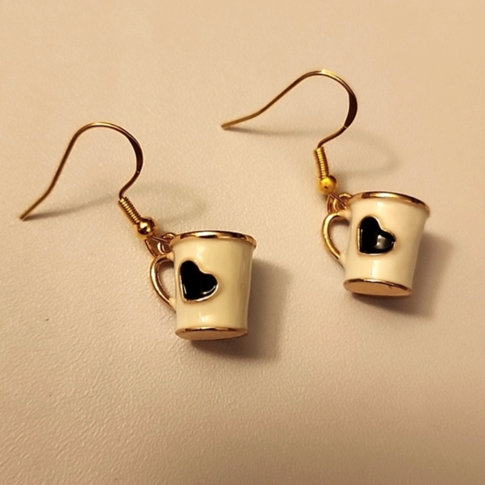 I Love Coffee Mug Earrings 925 Silver Posts Gold  Mugs With Heart